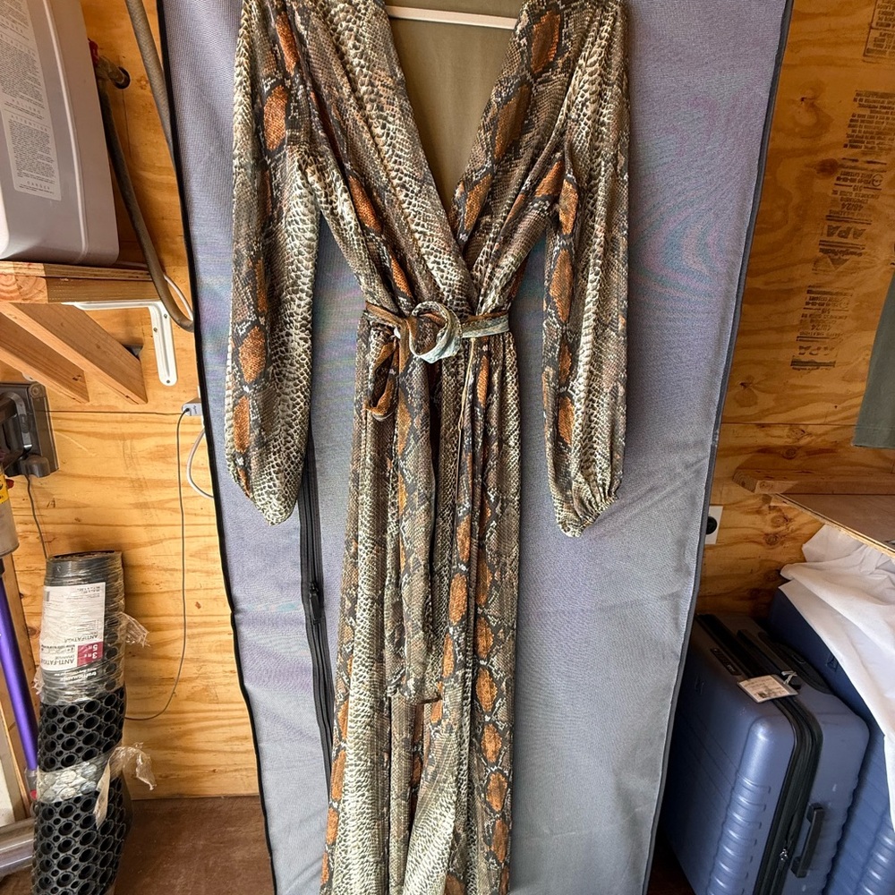 Adrienne Long Sleeve Snake-Print Wrap Dress in Brown and Tan